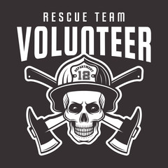 Firefighter skull in helmet with text volunteer