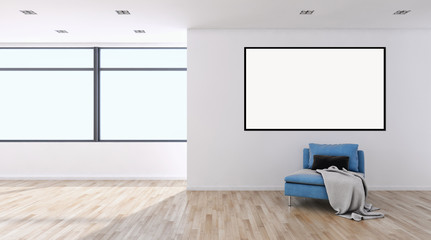 Modern bright interiors apartment with mockup poster frame 3D rendering