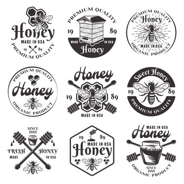 Honey and beekeeping set of black vector emblems