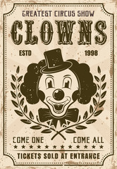 Funny clown vector retro poster for circus show