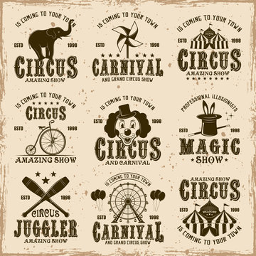 Circus set of vector brown emblems, labels, badges