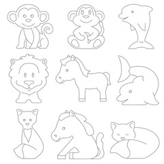 Lines of animal silhouettes for children's coloring on a background