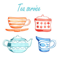 Watercolor tea set. Four elements.