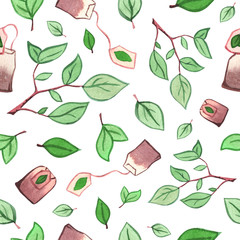 Seamless pattern with tea bags and leaves.