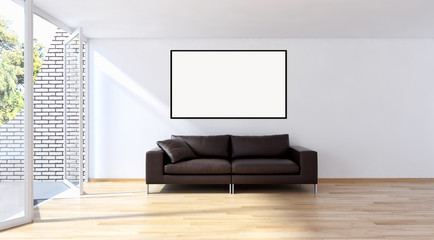 Modern bright interiors apartment with mockup poster frame 3D rendering