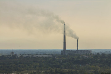 Industrial landscape. Smoke pipes of the plant in Chernihiv. Ukraine