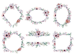 Watercolor floral frame Hand drawn arrangemen with peonies and anemone flowers