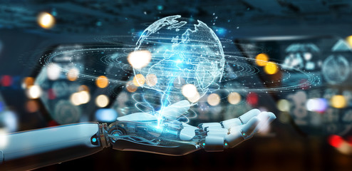 White humanoid hand using globe network hologram with Europe map 3D rendering