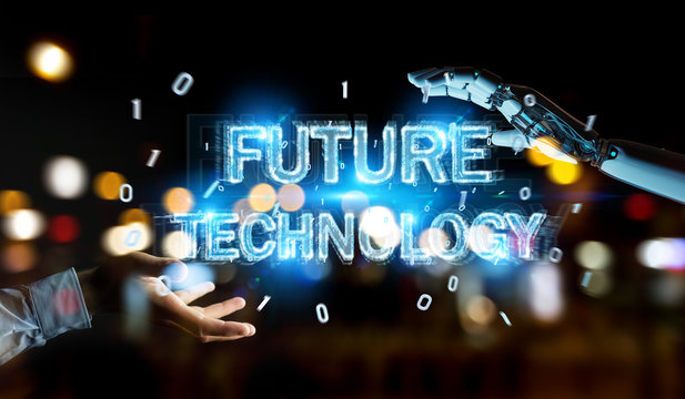White robot hand using future technology text hologram 3D rendering