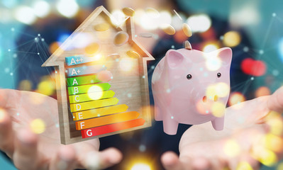 Businesswoman saving money with good energy chart rating 3D rendering