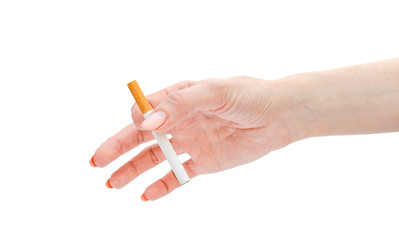 Woman's hand holding cigarette. Isolated on white.