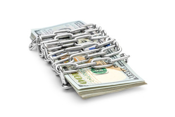 Chained stack of dollar bills by metal chain on white. Security and protection money concept.