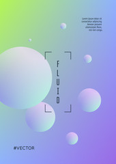 Fluid poster with round shapes. Gradient circles on holographic background. Modern hipster template for placards, covers, banners, flyers, presentations, annual. Minimal fluid poster in neon colors.