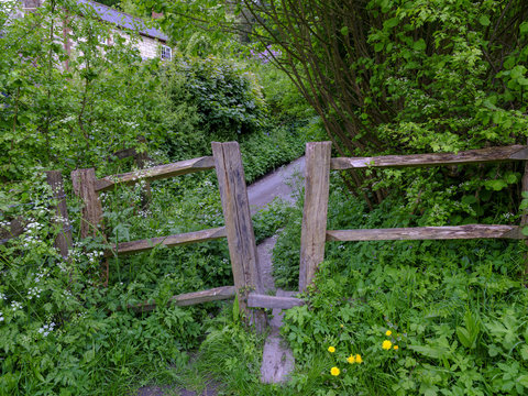 View of ancient stile on a footpath in the Lythes near St Mary's Church in Selborne, Hampshire, UK