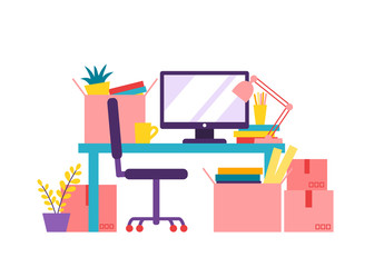 Vector flat illustration about house moving. Packing boxes at a computer desk. Modern background with interior stuff on white isolated background.