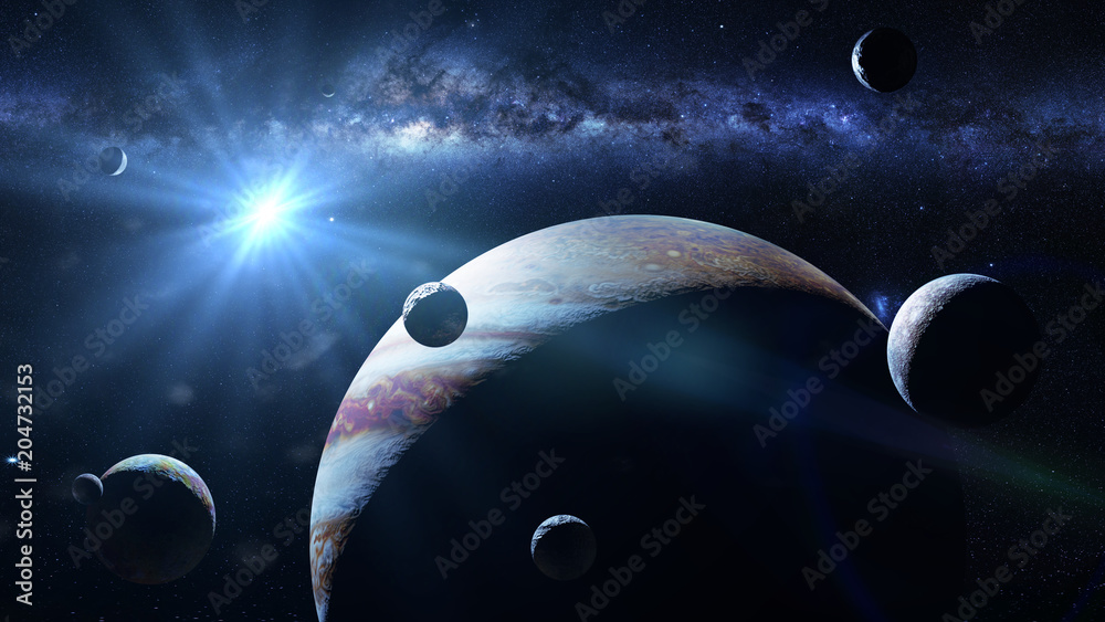 Wall mural planet jupiter with some of the 69 known moons lit by the sun and the milky way galaxy