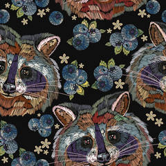 Raccoons and bilberry berries embroidery seamless pattern. Classical embroidery portrait of funny raccoon pattern. Fashion template for clothes, textiles, t-shirt design