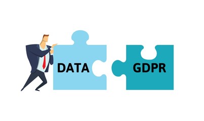 Man in suit putting data and GDPR puzzle together. Flat vector illustration. Isolated on white background.