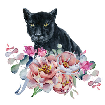 Watercolor composition with black wiled panther and flowers peonies , anemone