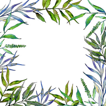 Willow branches in a watercolor style frame. Aquarelle leaf for background, texture, wrapper pattern, frame or border.