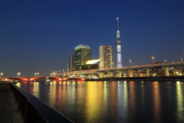 Naklejka premium 東京スカイツリー,夜, シティ, 地平線, 水, 川, 光, ビル, 全景, 都市景観, 建築, 空, 今夜, 橋, アーバン, 海, 光, 青, 旅行, 夜会, 風景, タワー, 景色, ビル, ダウンタウン