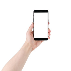 man hand holding smartphone with white screen isolated on white background