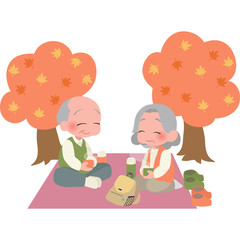 紅葉狩りを楽しむ高齢者