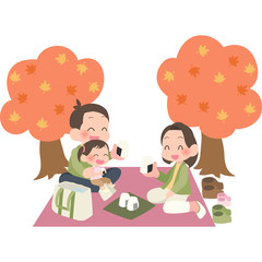 紅葉狩りを楽しむ家族