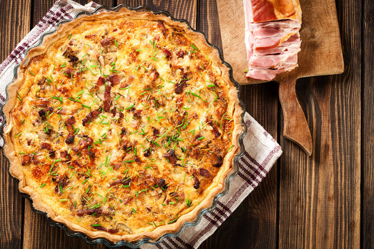 Homemade quiche lorraine with bacon and cheese