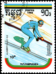 REPUBLIC OF KAMPUCHEA (CAMBODIA) - CIRCA 1989: postage stamp, printed in Republic of Kampuchea, shows a ski jumping. Series Winter Olympic Games, Albertville, 1992