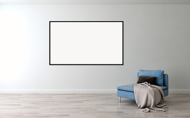 Modern bright interiors apartment with mockup poster frame 3D rendering