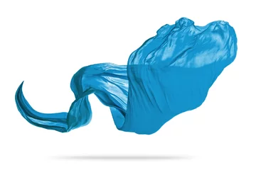 Papier Peint photo Poussière Piece of flying blue cloth on white background