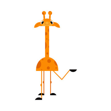 Cute giraffe cartoon character stands smiling and pointing with hand to something isolated on white background - funny comic yellow african animal with spots, vector illustration.