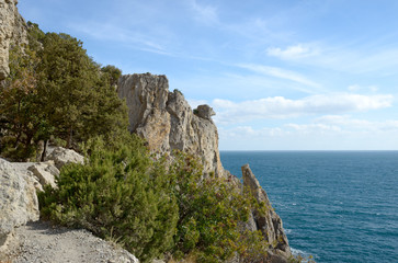 Fototapeta na wymiar Head of Mephistopheles Rock on Golitsyn Trail, Novy Svet, Crimea.
