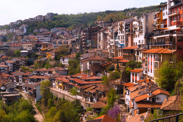 Typical architecture,historical medieval houses,Old city street view with colorful buildings in Veliko Tarnovo, Bulgaria - 204736157