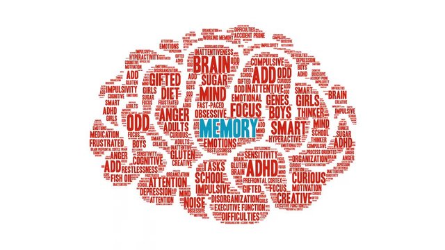 Memory ADHD Animated Word Cloud on a white background. 