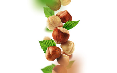 Hazelnuts and leaves falling from the air