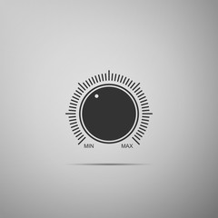Dial knob level technology settings icon isolated on grey background. Volume button, sound control, music knob with number scale, sound control, analog regulator. Flat design. Vector Illustration