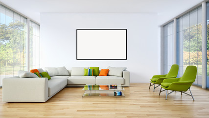Modern bright interiors apartment with mockup poster frame 3D rendering