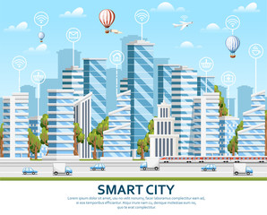 Obraz premium City design elements with green trees. Smart city concept with smart services and icons, internet of things. Vector illustration on sky with cloud background. Web site page and mobile app design