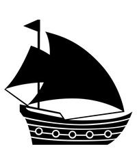 Black silhouette. Small sailing ship. Classic ship design. Cruise concept. Summer travel concept. Yachting sport. Flat vector illustration isolated on white background