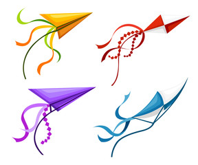 Colorful kite set. Outdoor summer activity objects. Cute flying toys. Holiday childhood entertainment. Vector illustration isolated on white background