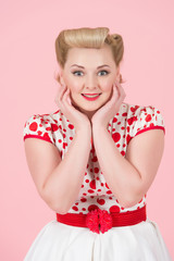 Elegant girl portrait with classic pin-up make up. Young woman with surprised excited happy screaming. Cheerful girl with funny joyful face expression isolated on pink background.
