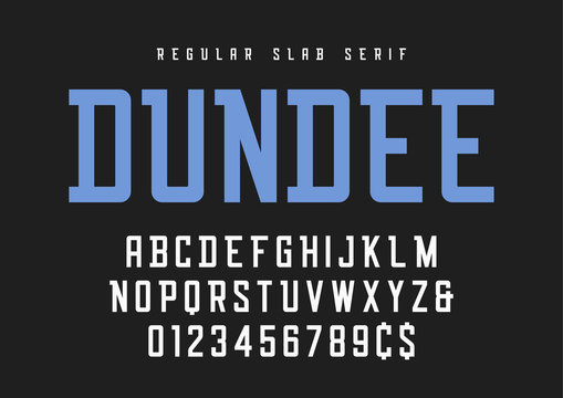 Dundee regular slab serif font, typeface, alphabet.