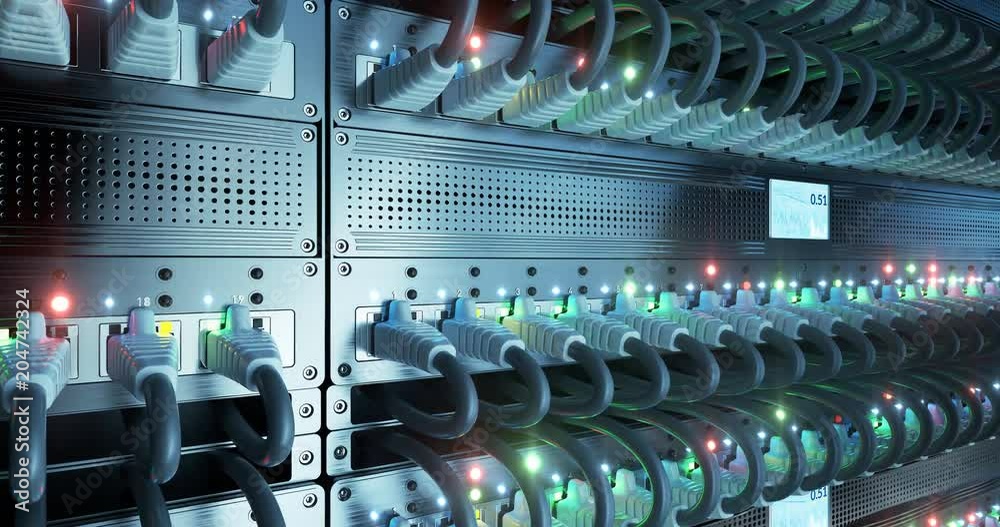 Wall mural data center cloud network router and switch. 8k 4k uhd seamless loop