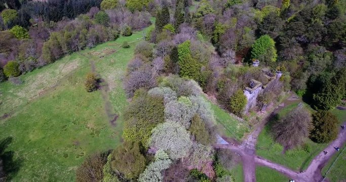 Aerial footage over Mugdock Country Park near Milngavie in Central Scotland.