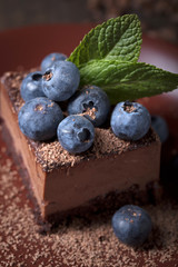 Chocolate cake with blueberries and mint .