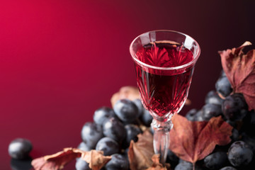 Crystal glass of red wine and grapes with dried vine leaves.