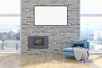 Modern bright interiors apartment with mockup poster frame 3D rendering