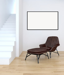 Modern bright interiors apartment with mockup poster frame 3D rendering